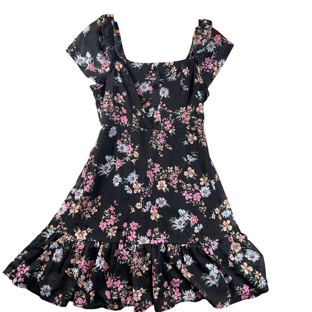 NEW Live To Be Spoiled Floral Mini Dress Womens S Black Ruffle Cap Sleeve
